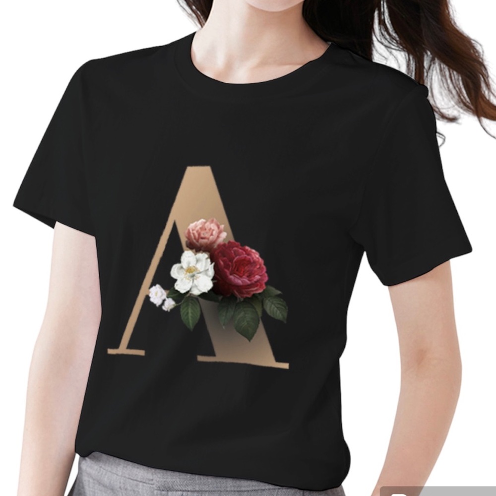 Women's Casual Letter T-shirt Black Simple Initial Name V Printing Oneck Blouse